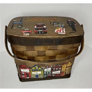Caro Nan Signed hand painted wood basket handbag purse 1970's England Vintage